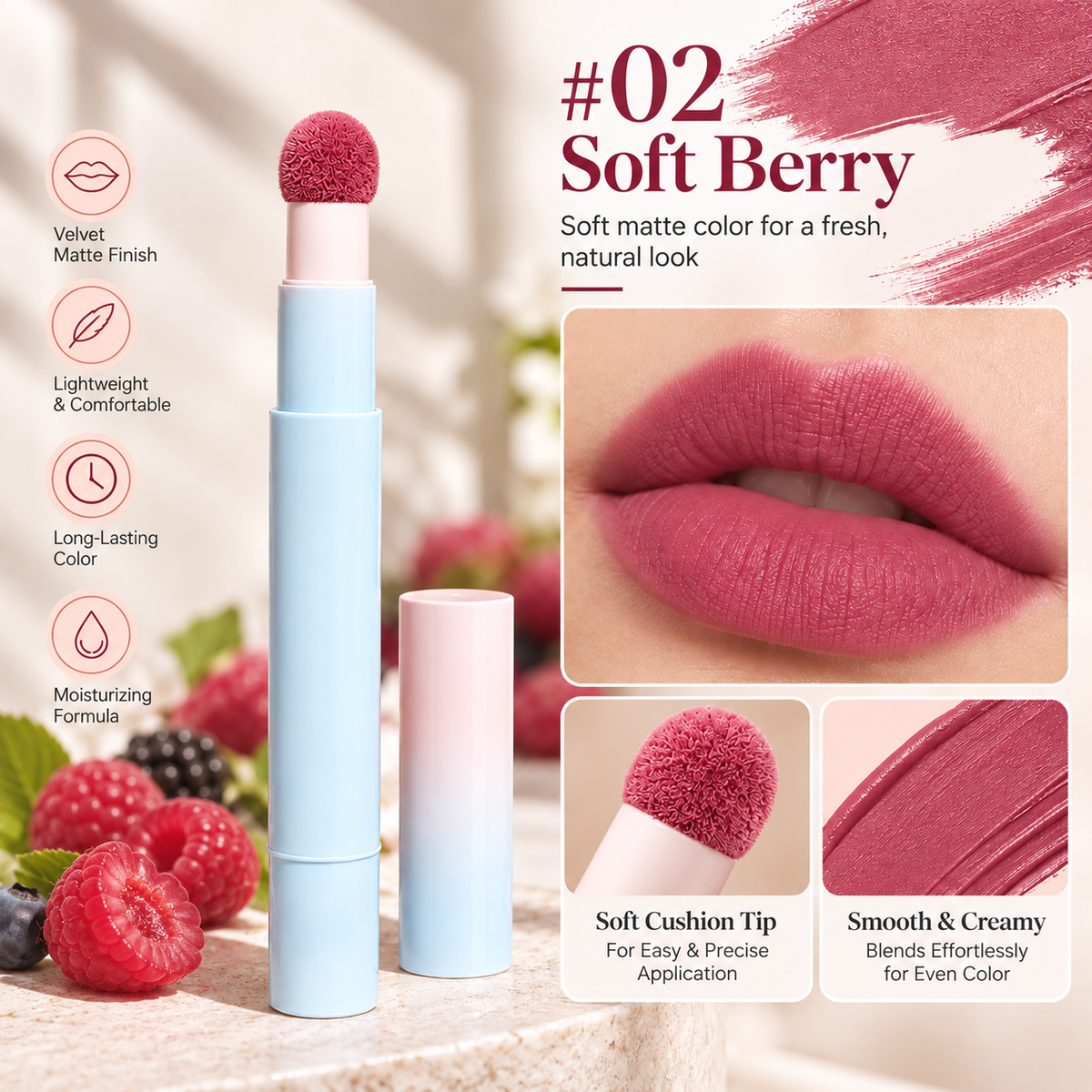 Soft Matte Finish Lipstick with Puff Applicator