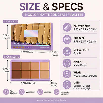 8-Color Cream Concealer Palette – smooth, buildable coverage for every skin tone, from fair to deep.