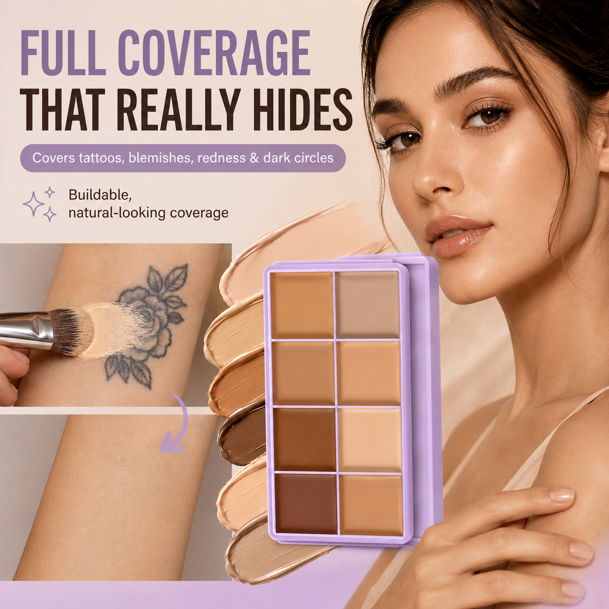 8-Color Cream Concealer Palette – smooth, buildable coverage for every skin tone, from fair to deep.