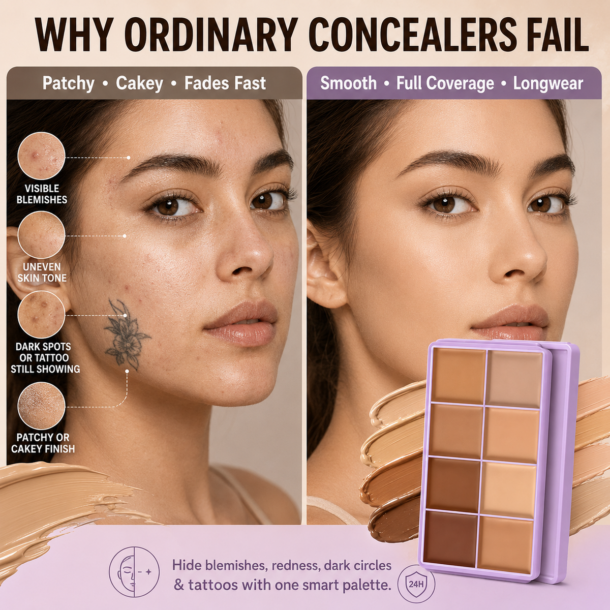 8-Color Cream Concealer Palette – smooth, buildable coverage for every skin tone, from fair to deep.