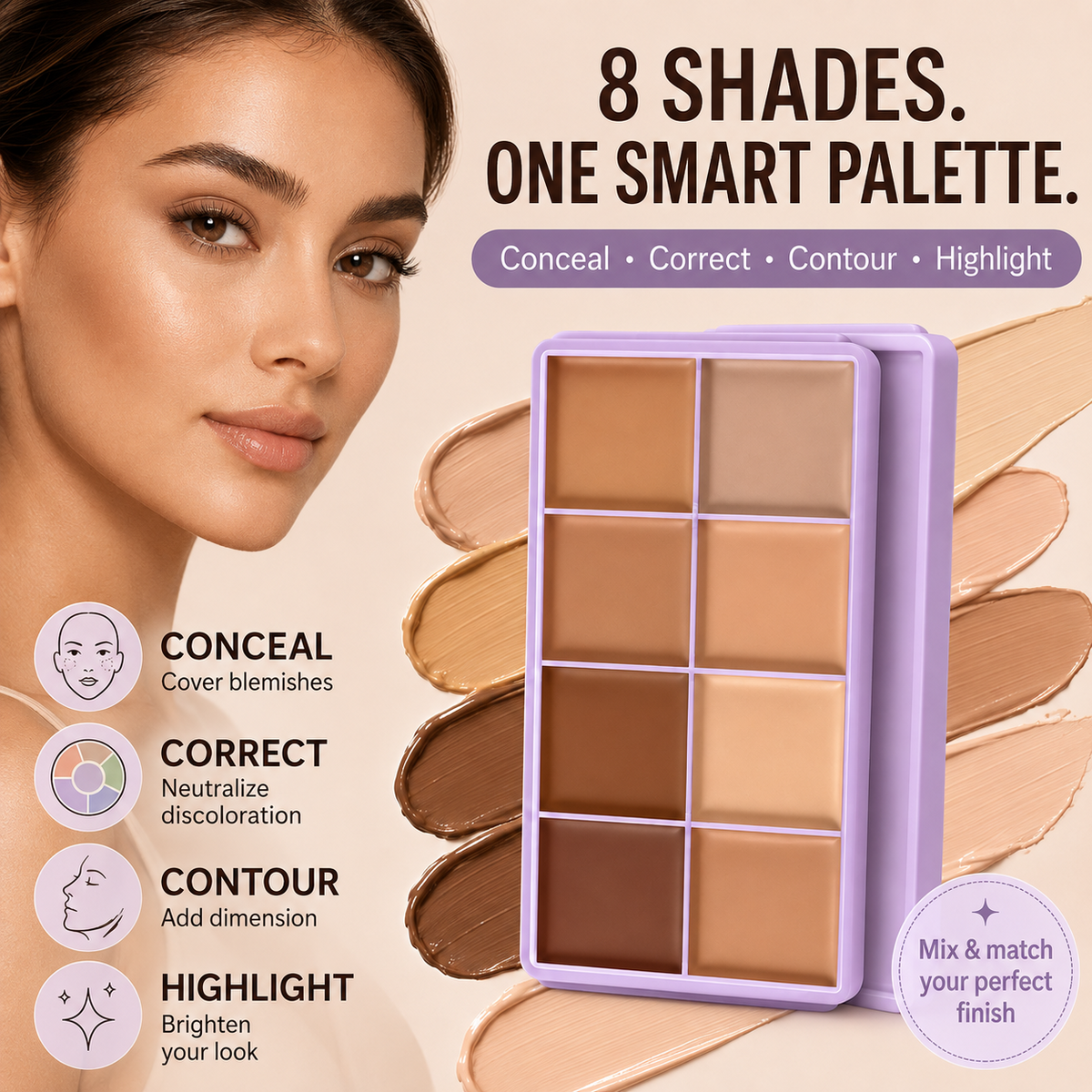 8-Color Cream Concealer Palette – smooth, buildable coverage for every skin tone, from fair to deep.