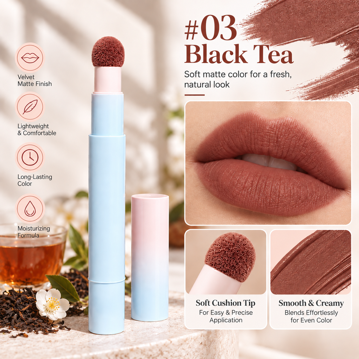 Soft Matte Finish Lipstick with Puff Applicator