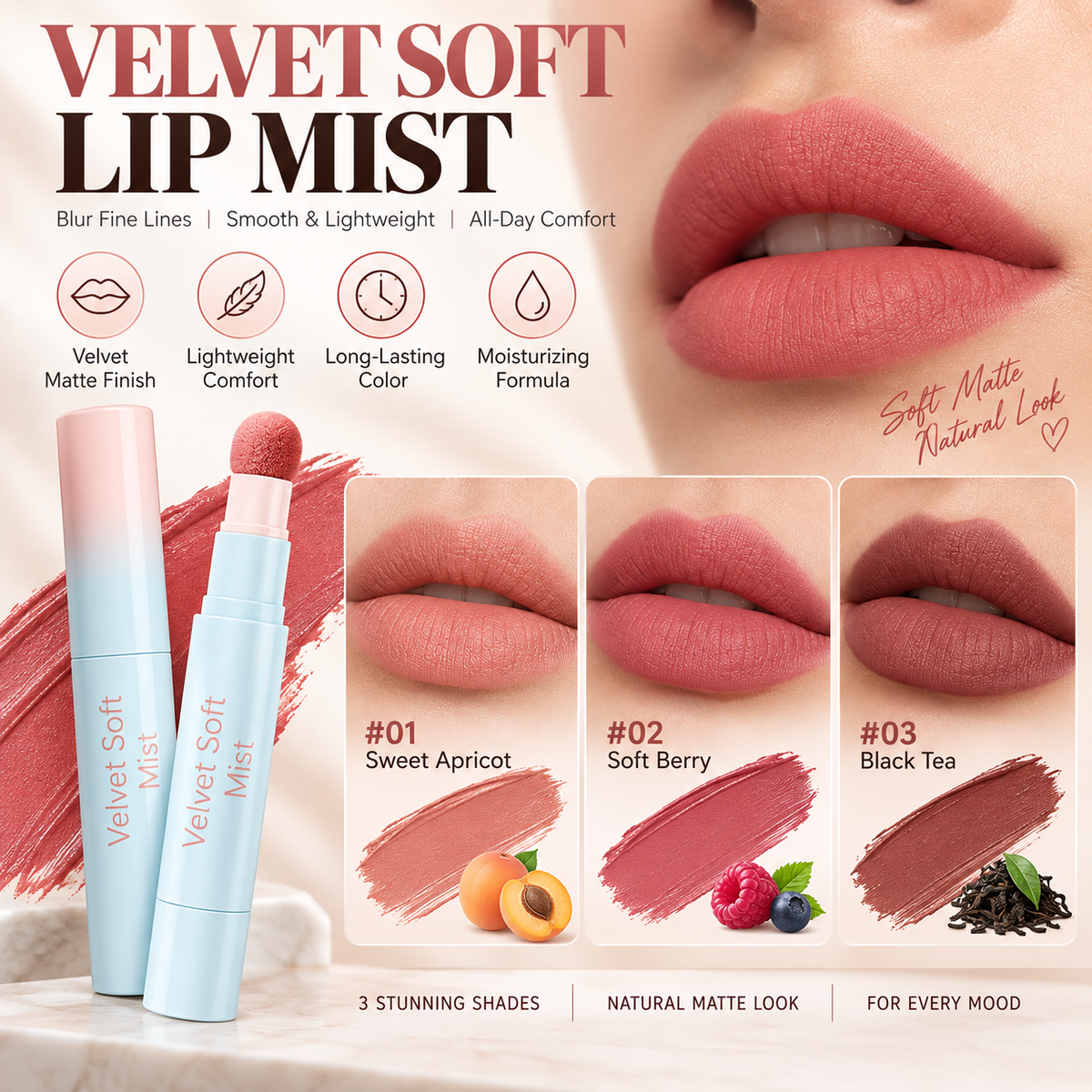 Soft Matte Finish Lipstick with Puff Applicator